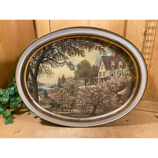 Vintage Sunshine Biscuits Cookie Tins - Set of 2 | Currier & Ives | Winter Pastime + Season of Blossoms | Farmhouse Decor | Tin Canisters