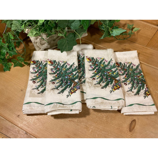 Vintage Spode Christmas Tree Cloth Napkins - Set of 5 | Holiday Table Decor | Damask Cloth Napkins with Christmas Trees | Christmas Dinner