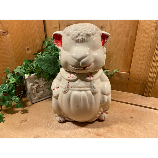 Vintage 1940s Ceramic Lamb In Overalls Cookie Jar | American Bisque | Sheep Cookie Jar | Farmhouse Kitchen Decor | Cottagecore Table Decor