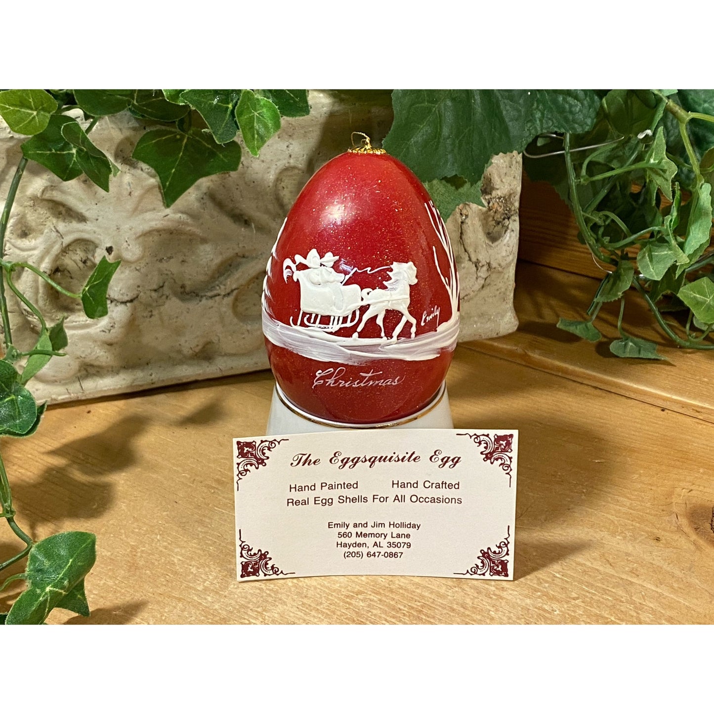 Vintage Handpainted Real Eggshell with Winter Sleigh Ride Scene | Eggsquisite Egg |Christmas | Folkart | Red Painted Egg (cup not included)
