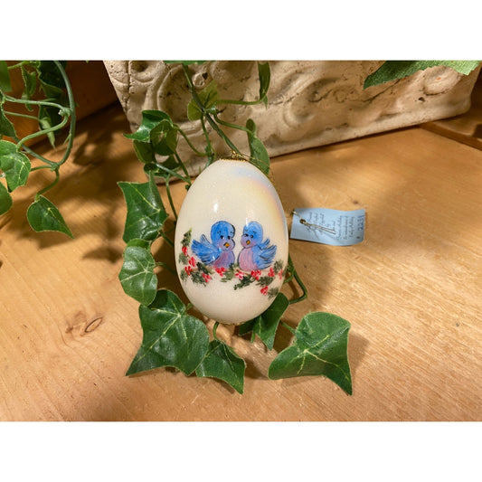 Vintage Handpainted Real Eggshell Ornament | Bluebirds + Holly Berries | Eggsquisite Egg | Blue Christmas Egg | Painted Egg Signed by Artist