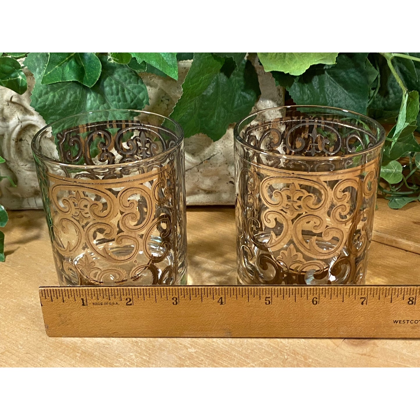 Vintage Spanish Scroll Double Old Fashioned Glasses - Set of 2 | Georges Briard | 22K Gold Filigree | Academia | Glasses with Gold Accents