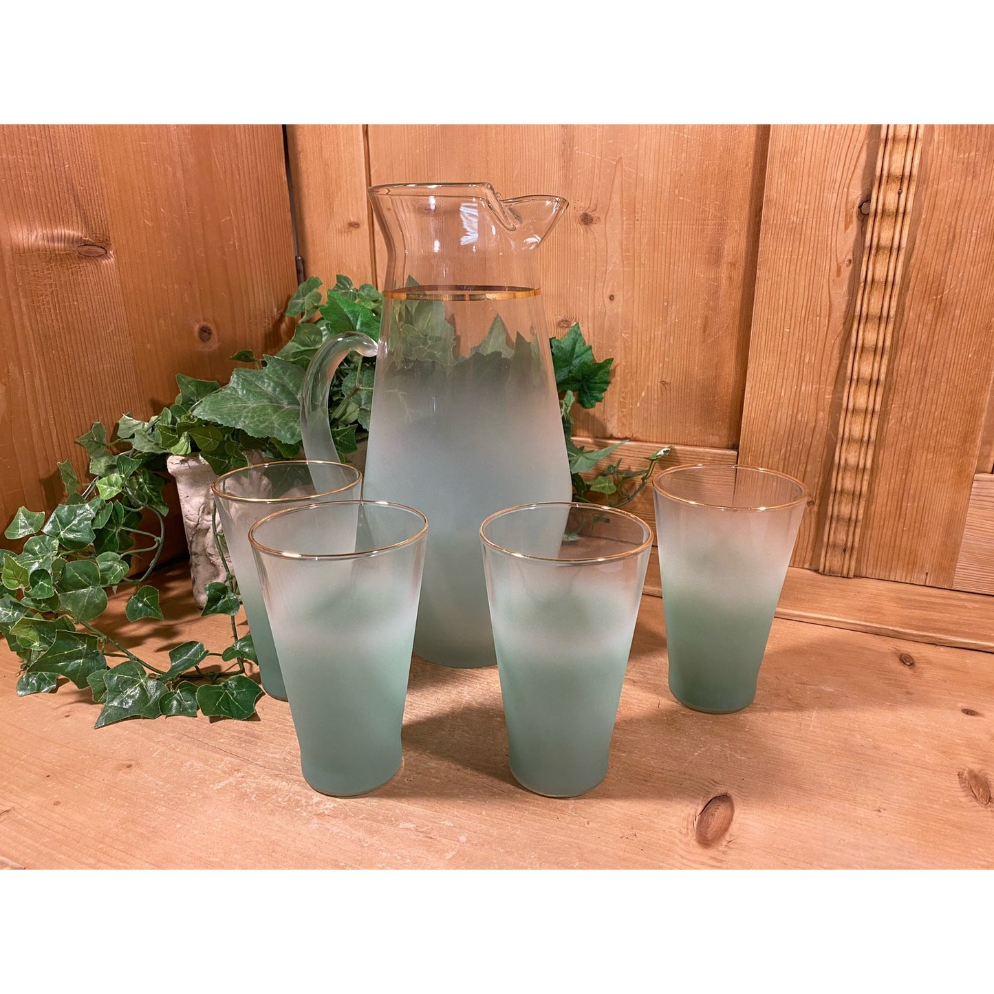 Vintage Blendo Frosted Aqua Blue Glass Pitcher and Tumblers - Set of 5 | Midcentury Modern Drinkware Set | Blendo Pitcher + Glasses
