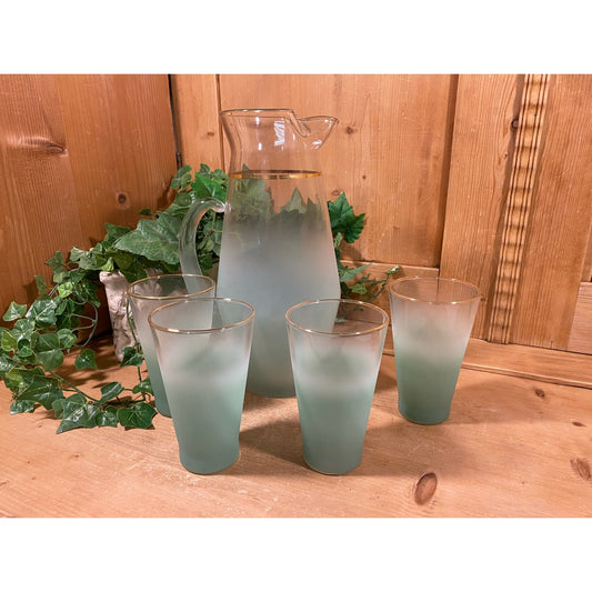 Vintage Blendo Frosted Aqua Blue Glass Pitcher and Tumblers - Set of 5 | Midcentury Modern Drinkware Set | Blendo Pitcher + Glasses