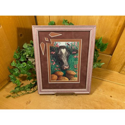 Vintage Framed and Matted Art Print: Cow In Pasture with Muffins | Farmhouse Wall Decor | Whimsical Cow In Grassy Field, Looking at Muffins