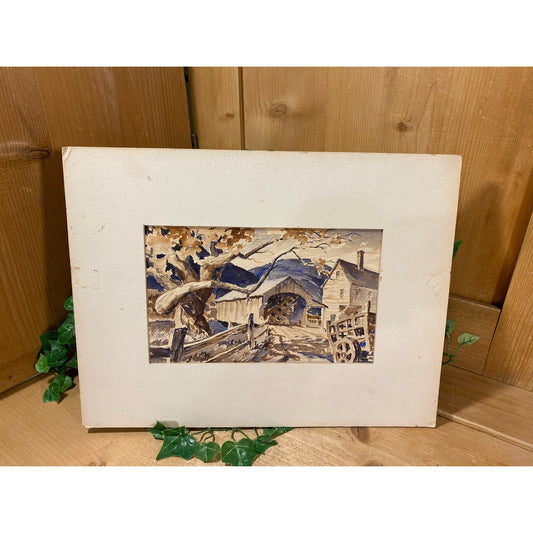 Vintage Original Watercolor Landscape Painting | Farmhouse and Covered Bridge | Brown, White, Blue | Farmhouse Wall Decor | Original Art