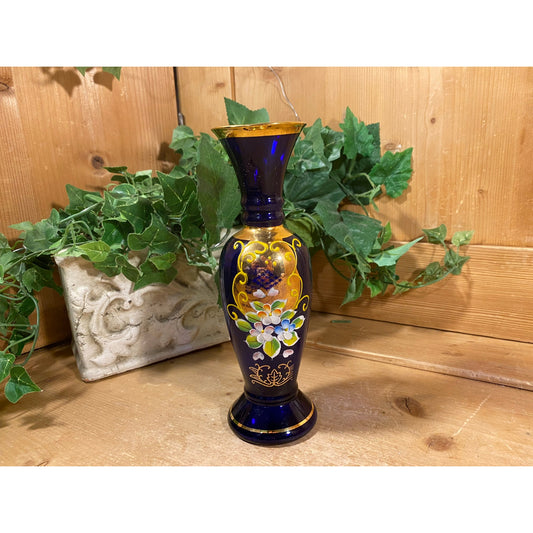 Vintage Handpainted Cobalt Blue Glass Cze.ch Floral Vase | Boho Table Decor | Blue Glass Bud Vase with Painted Flowers and Gold Accents