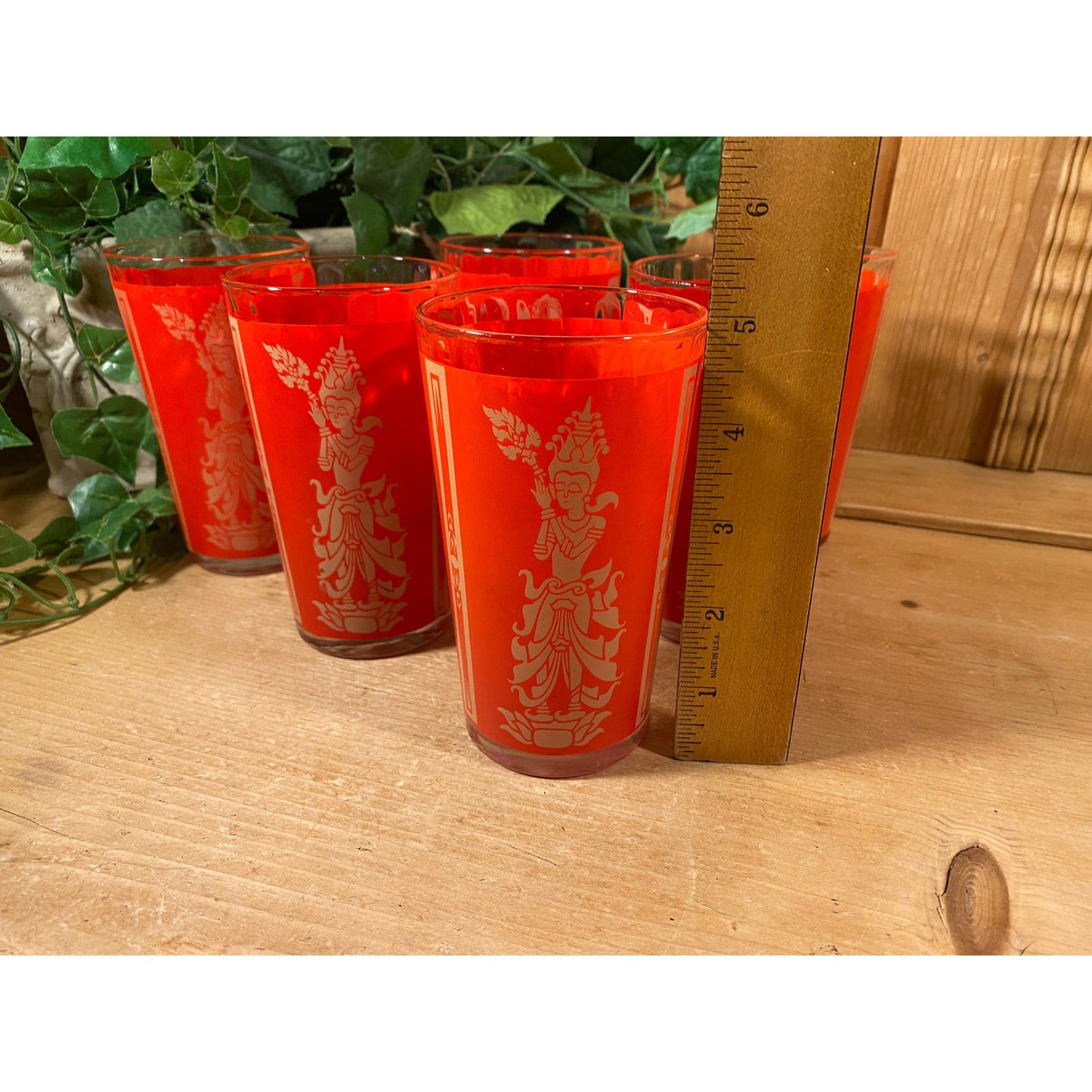 Vintage Red Thai Princess Glasses - Set of 6 | Culver | Midcentury Modern Drinking Glasses (D) | Thai Goddess | Academia | Goddess Glasses