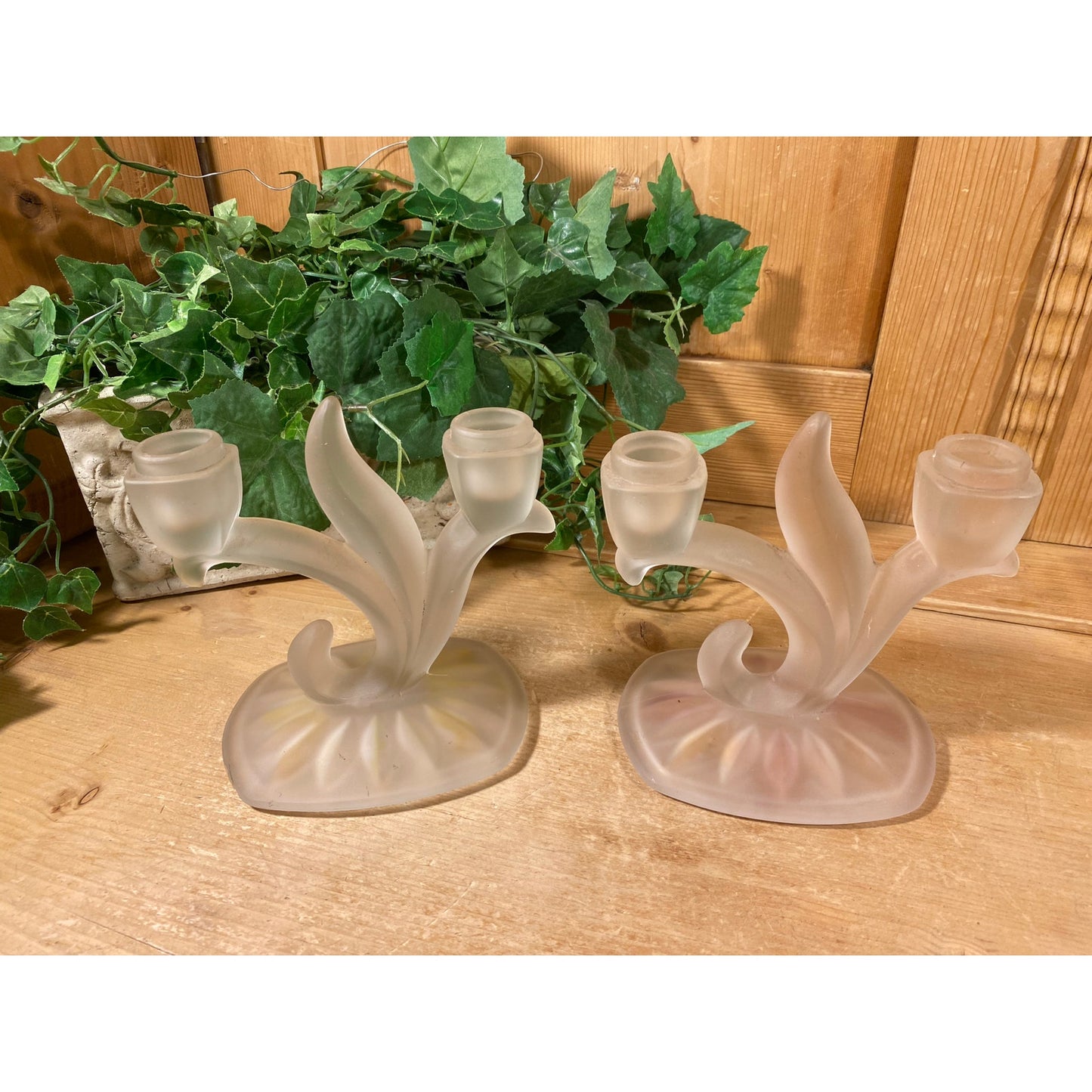 Vintage Satin Glass Double Light Candlesticks - Set of 2 | Indiana Glass | Willow Oleander | Frosted Glass Candle Holders | Shabby Chic