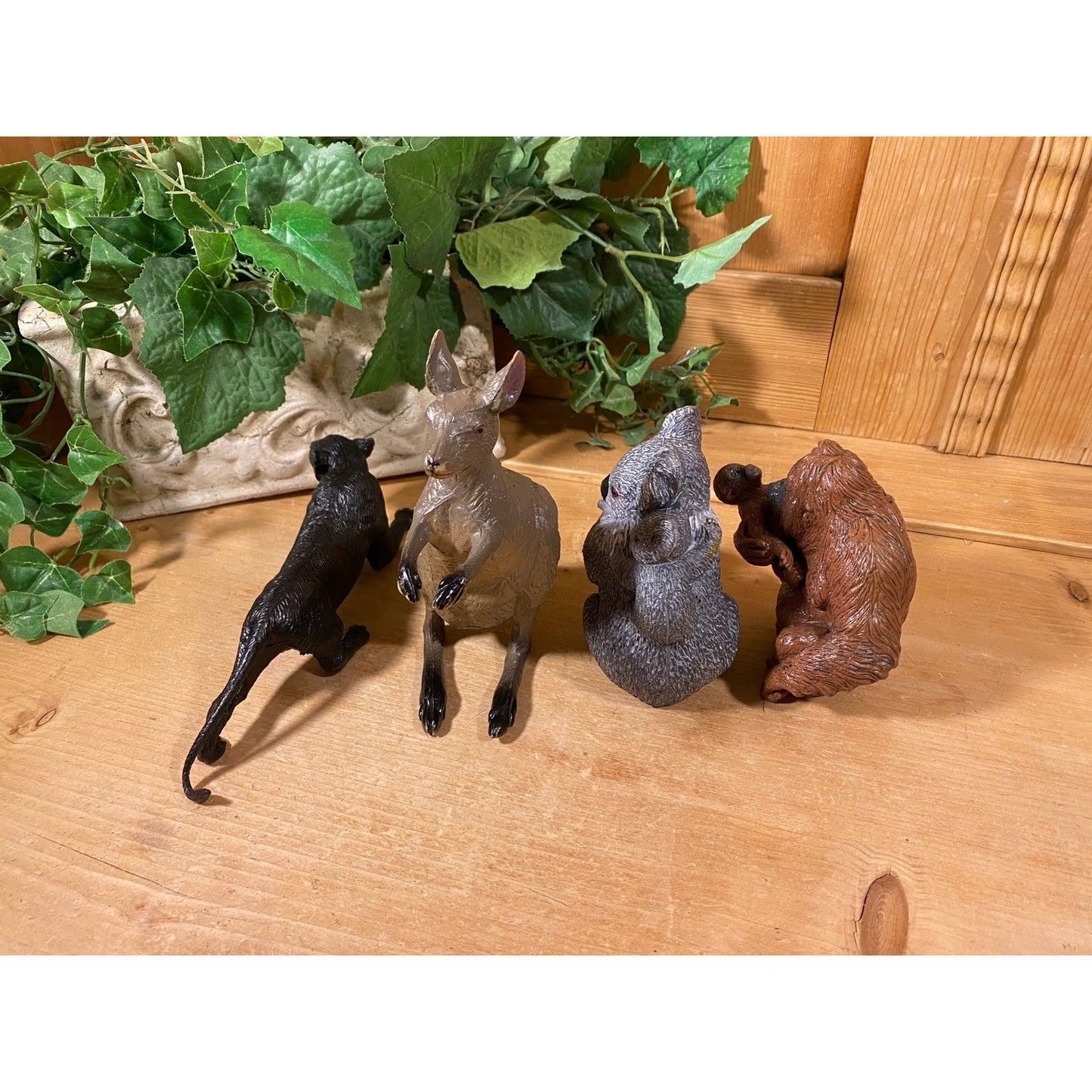 Vintage Realistic Heavy Molded Plastic Animals - Set of Four | Black Panther, Kangaroo, Koala Bear with Baby, Chimpanzee with Baby | Toys