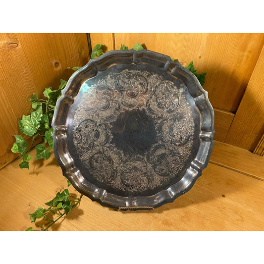 Vintage Etched Ornate Silverplate Round Tray | Hall | Shabby Chic Table Decor | Scalloped Silver Serving Platter | Victorian Table Decor