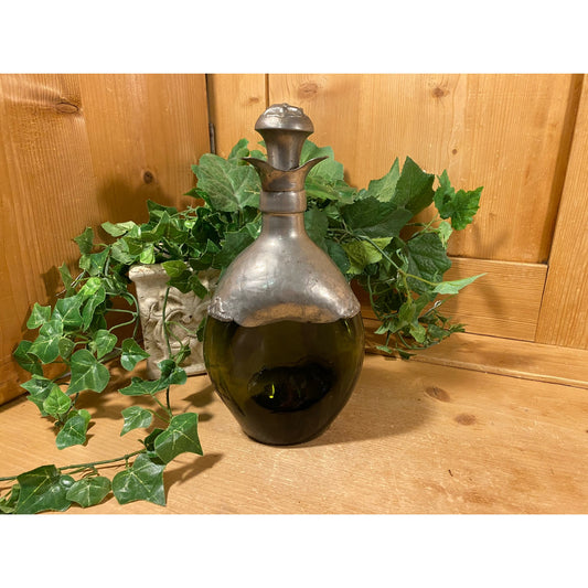Antique Triangular Metal and Green Glass Danish Wine Decanter with Stopper | Academia Decor | Vintage Decanter Bottle | Unique Barware