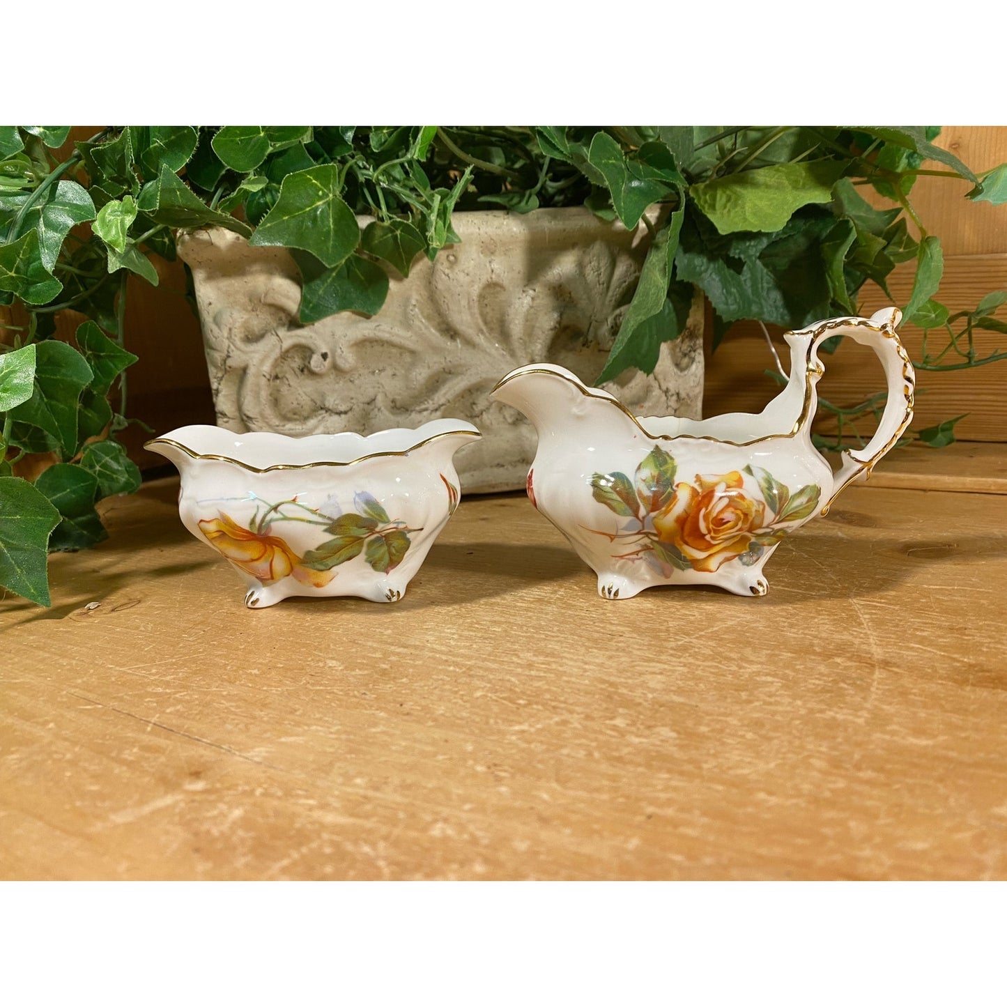 Vintage Bone China Sugar Bowl and Creamer - Set of 2 | Hammersley | Made In England | Yellow and Pink Floral | Shabby Chic | Sugar and Cream