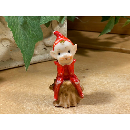 Vintage Ceramic Elf Figurine Sitting On A Tree Stump | Elf | Pixie | Brownie | Sprite | Elf Wearing A Red Suit | Midcentury Christmas Decor