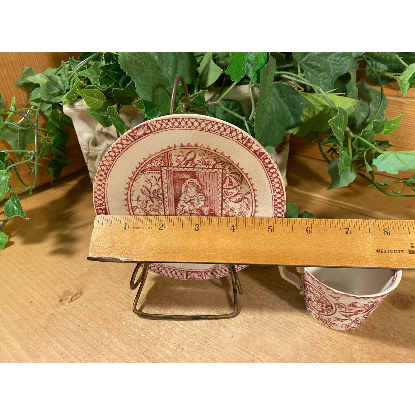 Vintage Little Mae and Pets Cup and Plate | Charles Allerton & Sons | Victorian Childs Tea Set | Made In England | Red Transferware Dish Set