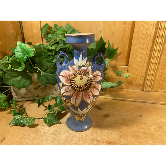 Vintage Blue Floral Amphora Vase with Gold-Edges Flowers | Cottagecore | Blue + Pink Floral Vase with Double Handles | Shabby Chic Decor