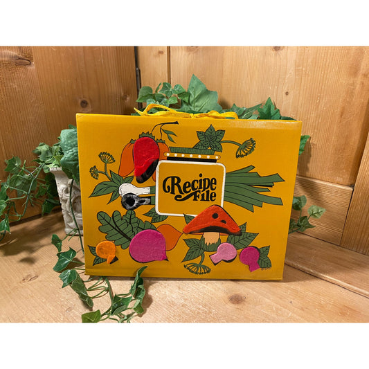 Vintage Recipe File (empty) | Yellow Recipe Keeper/Organizer with Vegetables on Cover and Ribbon Tie | Midcentury Modern Kitchen Decor