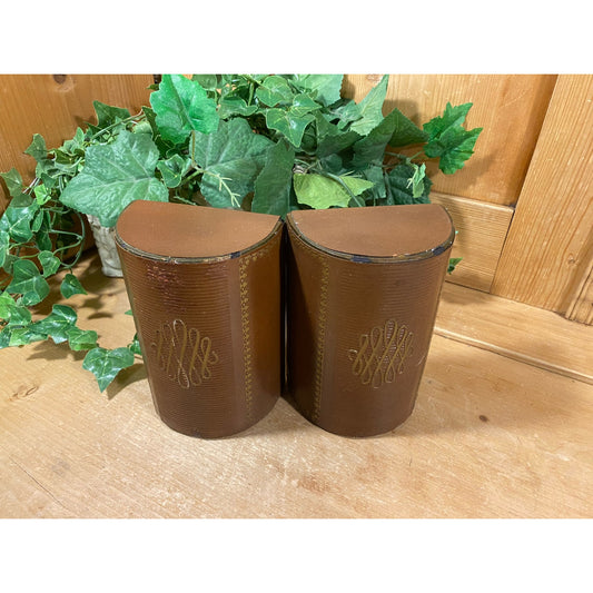 Vintage Rounded Tooled Leather Bookends | Bonded Dark Brown Tooled Leather Bookends | Decorative Midcentury Modern Bookshelf Decor