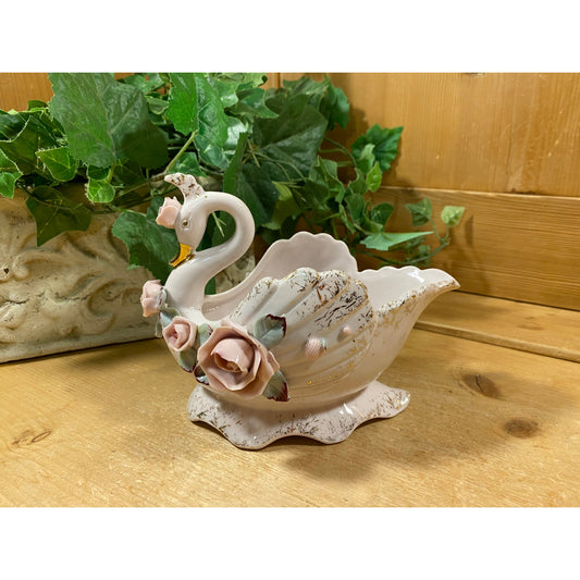 Vintage White Porcelain Swan Figurine Dish with Pink Roses | Lefton China? | Shabby Chic Table Decor | Swans | Victorian Bedroom Decor