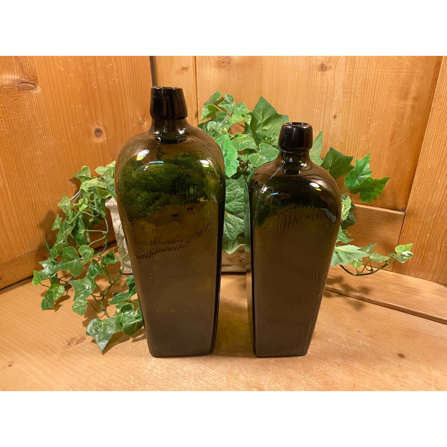 Antique Green Glass Bottles - Set of 2 | Olive Green Liquor Bottles | Primitive Shelf Decor | Rustic Farmhouse Kitchen | Vintage Bottles