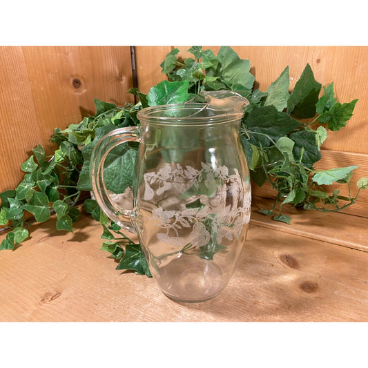 Vintage Clear Glass Juice Pitcher with Frosted Fruit and Leaf Pattern | Ice Lip | Water, Tea, Juice Pitcher | Cottagecore Kitchen Decor