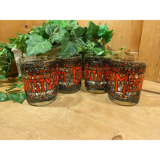 Vintage "Seasons Greetings" Lowball Glasses - Set of 4 | Houze Glass | Faux Stained-Glass Enameled Christmas Cocktail Glasses | 1970s Decor
