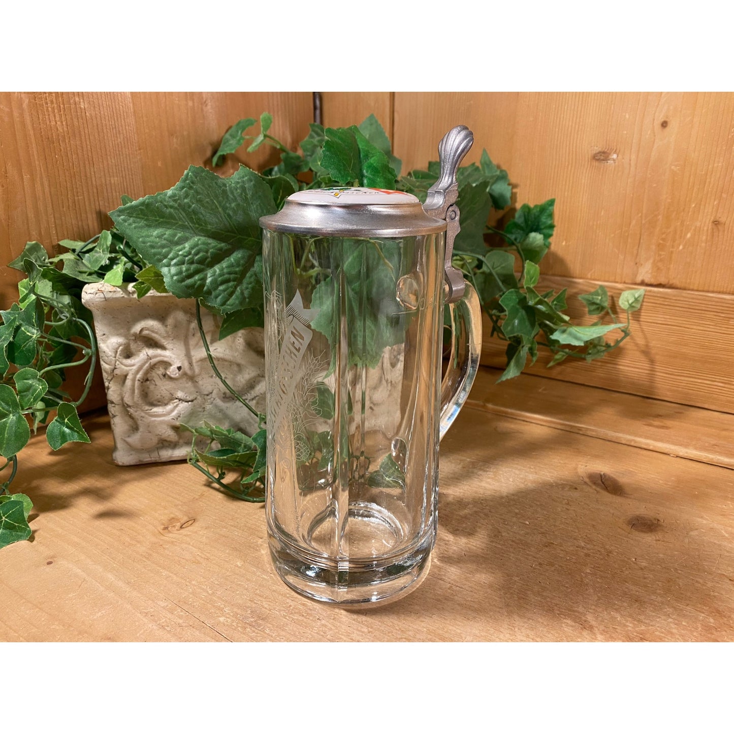 Vintage Feldschlosschen Glass Beer Stein | Swiss Brewery | Glass Beer Mug with Pewter Lid and Handle | Academia | Traditional German Stein