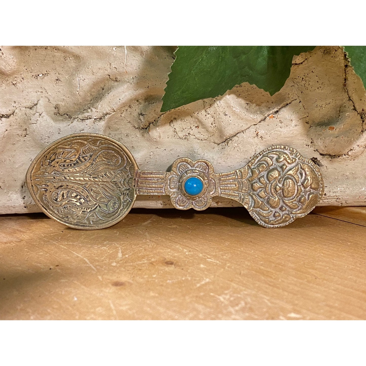 Vintage Tibetan Medicine Spoon with Blue Stone | Metal Two-Sided Medicine Spoon | Bohemian Decor | Unique Boho Shelf Decor | Bohemian Art
