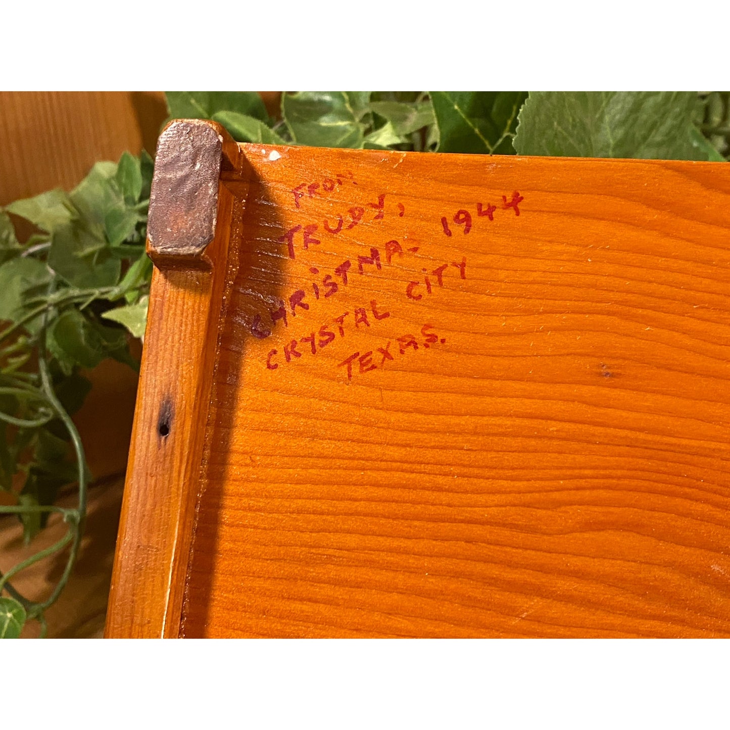 Vintage Hand-Painted Wooden Jewelry Box with Lid | Palm Trees and Cactus | Crystal City, TX | Inscription - 1944 | Midcentury Keepsake Box