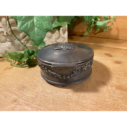 Vintage Edwardian Silver Plated Trinket Box with Embossed Grapes  | E.G. Webster & Son | Aug 25, 1908 | Hinged Round Jewelry Box | Victorian