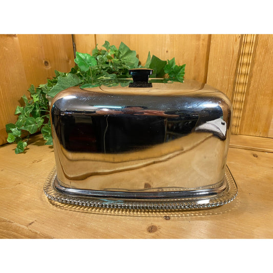 Vintage Square Glass Cake Plate with Aluminum Cover | Glass + Metal Cake Carrier | Dessert Plate and Cover | Midcentury Modern Kitchen Decor