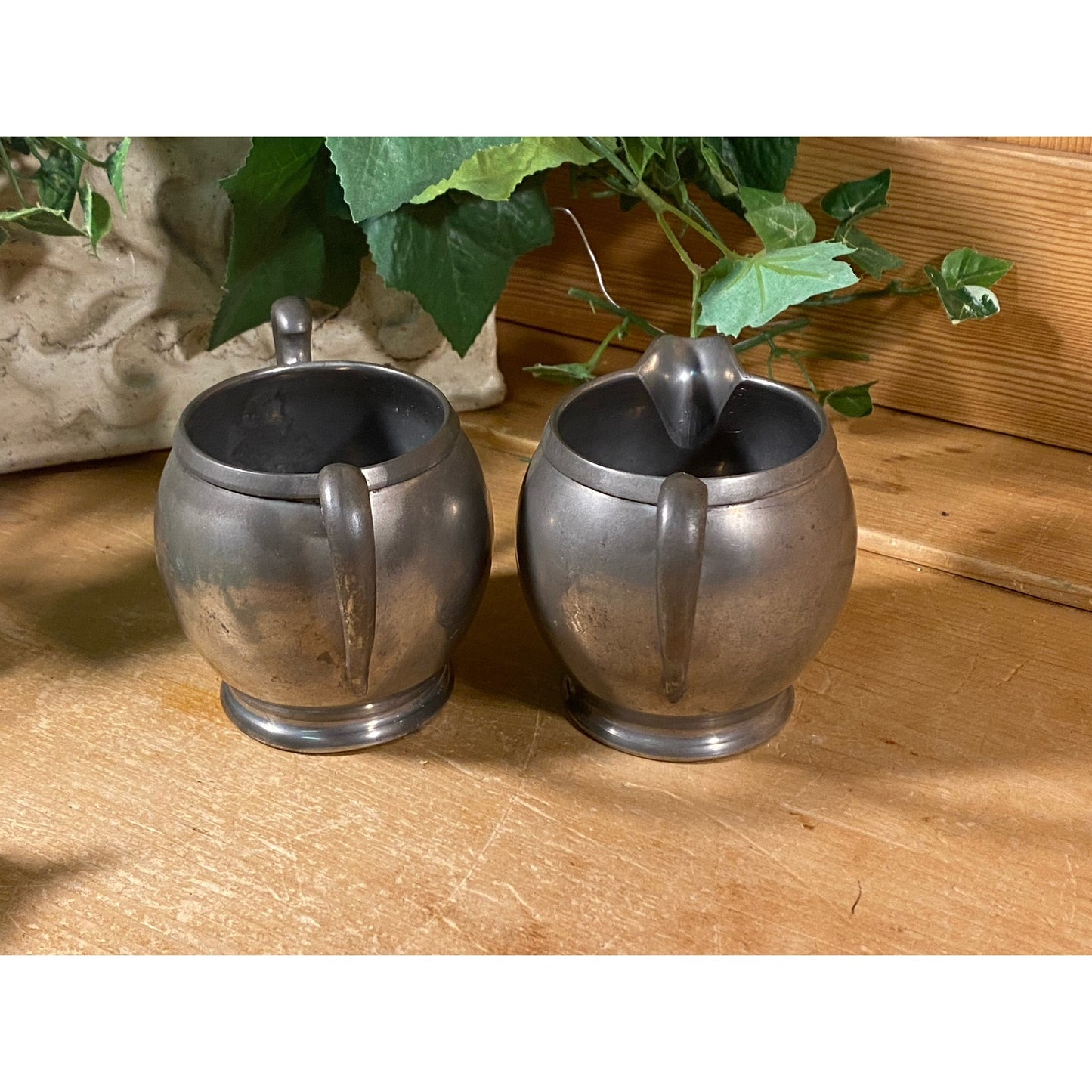 Vintage Pilgrim Pewter Sugar Bowl and Creamer - Set of 2 | Academia | Metal Sugar Bowl + Cream Pitcher | Cream and Sugar Set | Victorian
