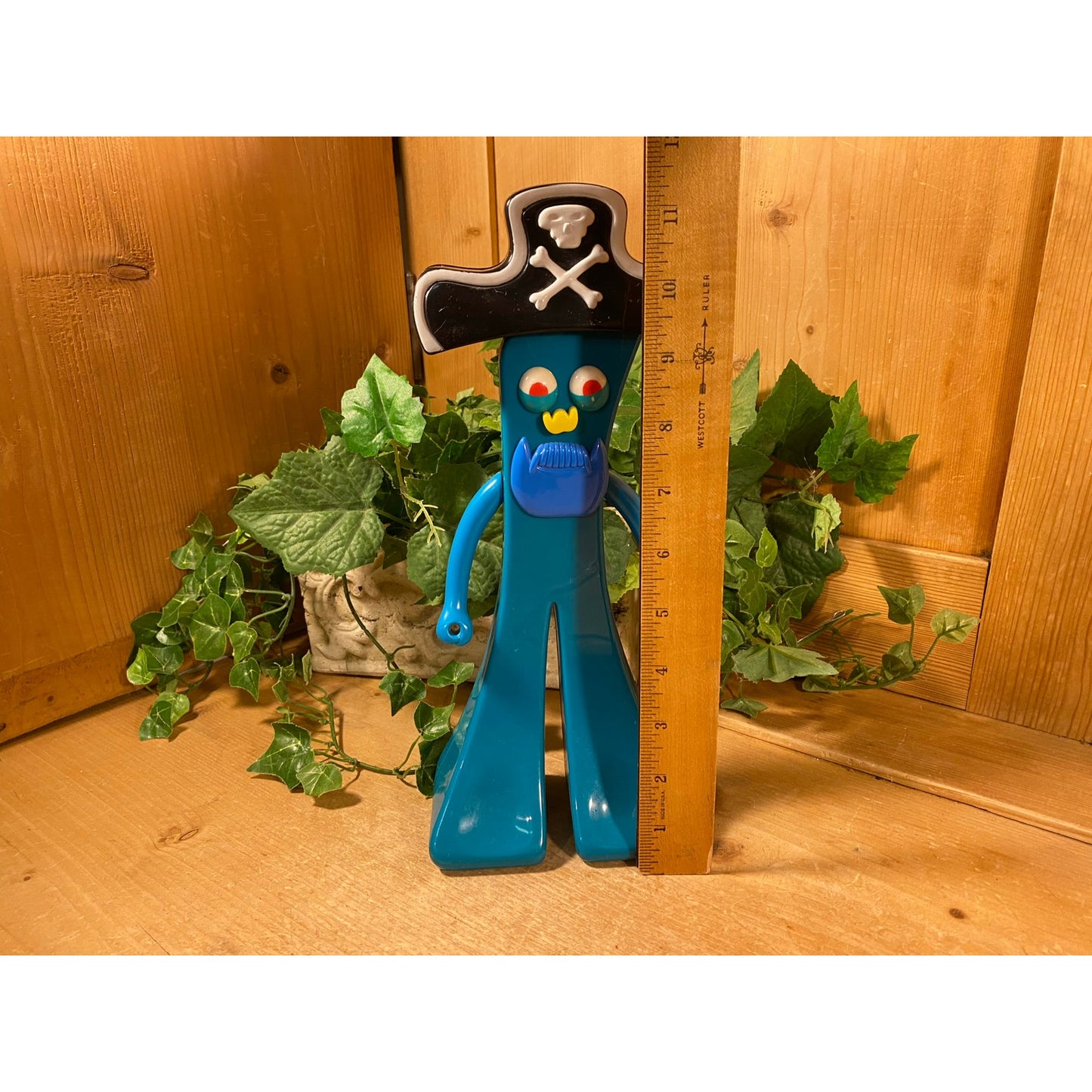 Vintage Gumby Toy Figurine with Pirate Hat | Bendy Blue Gumby with Pirate Disguise | Retro Desk Decor | Gumby with Beard and Pirate Hat