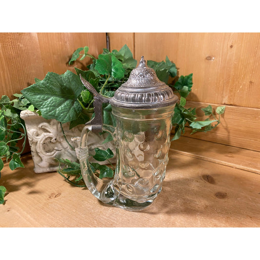 Vintage BMF Glass Coin Dot Horn-Shaped Beer Stein with Hinged Pewter Lid | Bayerische Metallwarenfabrik | 1960s Glass Beer Mug | Academia