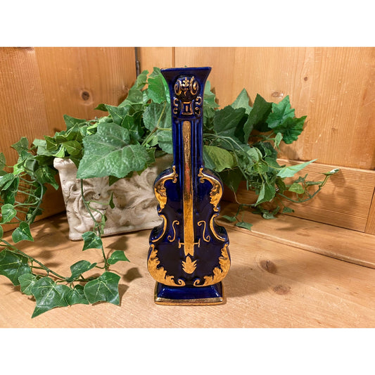 Vintage Blue Porcelain Cello Wall Pocket Flower Vase | Cobalt Blue + Gold | Cello or Violin Hanging Vase | Music Wall Decor | Academia