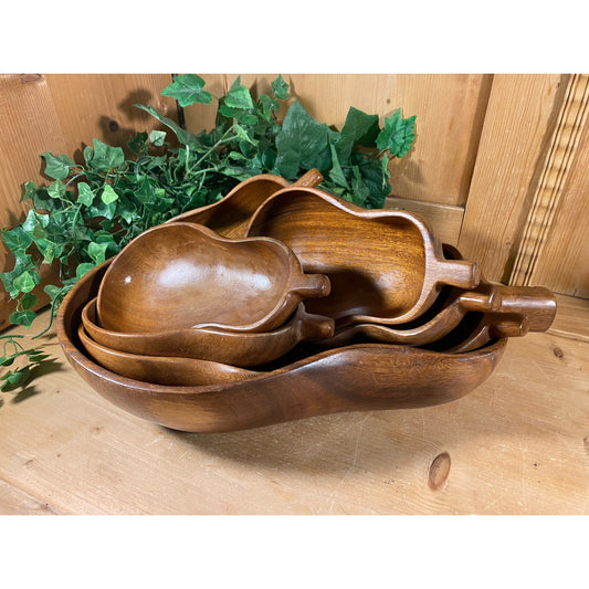 Vintage Wooden Pear Bowls Set - One Large Serving Bowl, 7 Salad Bowls | Pear Shaped Wood Bowls | Midcentury Modern Table Decor | MCM Kitchen