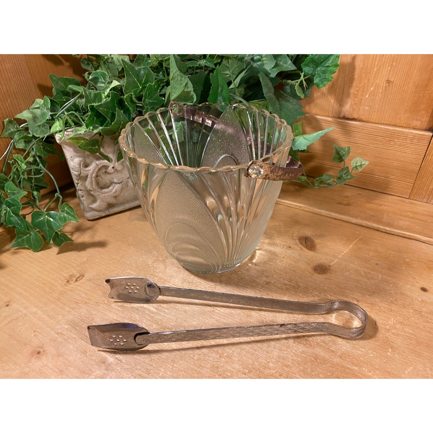 Vintage Frosted Glass Ice Bucket with Metal Handle + Tongs | Wine Chiller | MCM | Champagne | Art Deco Bucket | Midcentury Modern Barware