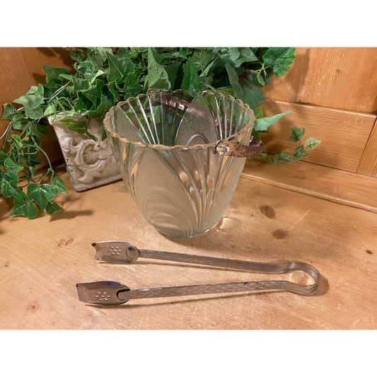 Vintage Frosted Glass Ice Bucket with Metal Handle + Tongs | Wine Chiller | MCM | Champagne | Art Deco Bucket | Midcentury Modern Barware