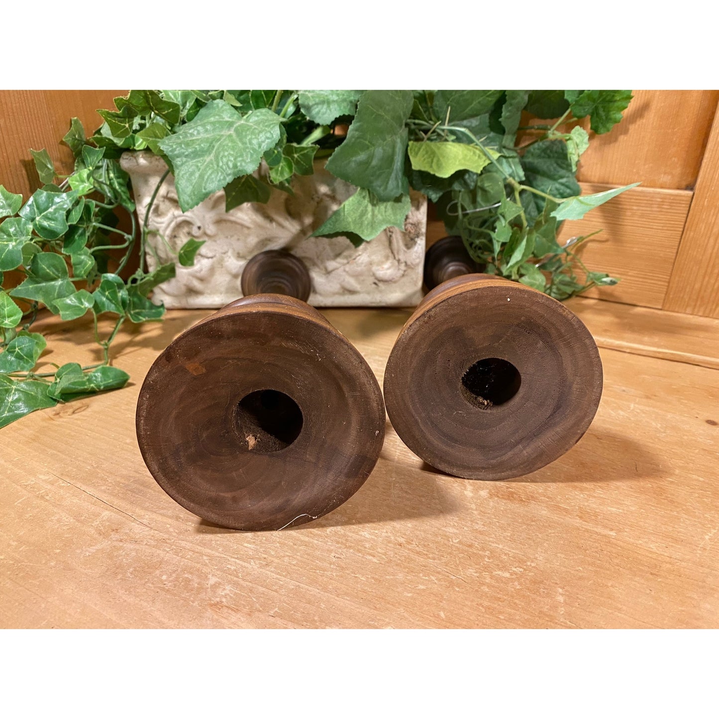 Vintage Handcrafted Wooden Candlesticks - Set of 2 | Rustic Farmhouse Table Decor | Carved Dark Brown Wood Candle Holders | Primitive Decor