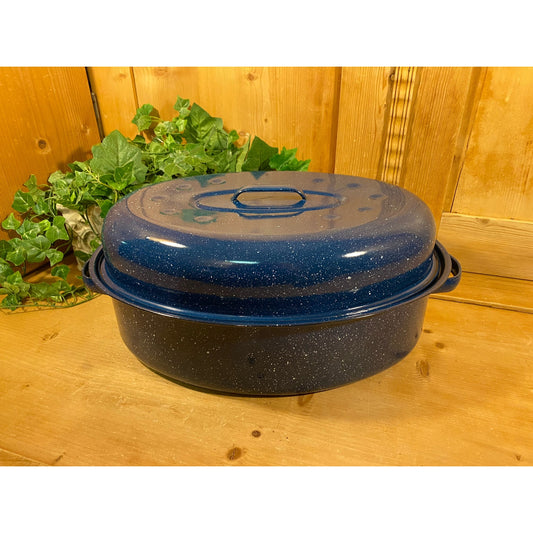Vintage Large Blue Speckled Enamelware Roasting Pan | Enamel Roaster Pan with Cover | Metal Roaster with Juice Grooves | Farmhouse Kitchen
