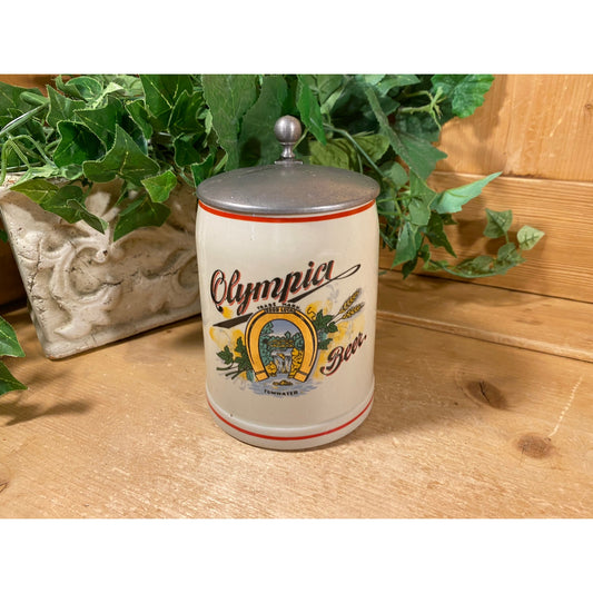 Vintage Ceramic Olympia Beer Stein | Good Luck Horseshoe | Tumwater | White Beer Mug with Pewter Lid | Ceramarte Beer Stein | Retro Barware