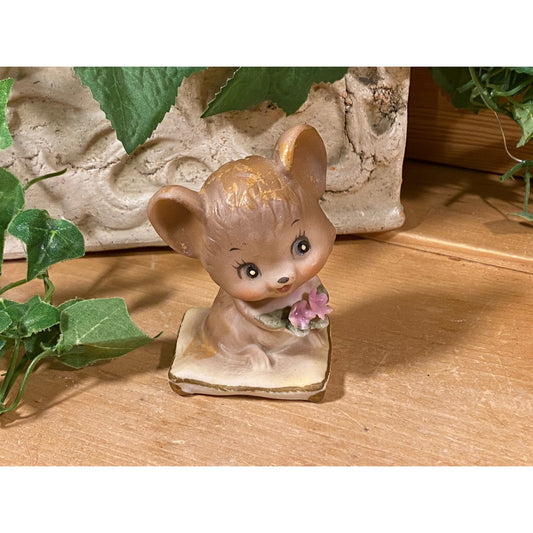 Vintage Brown Ceramic Mouse Figurine with Flower, Wrapped In Blanket | Brown Mouse Figurine | Cottagecore Decor | Midcentury Modern Decor