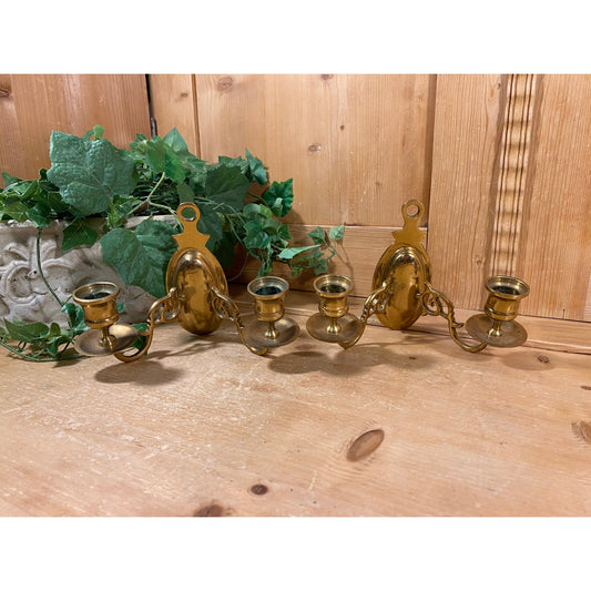 Vintage Brass Double Candlestick Wall Sconces - Set of 2 | Wall Mounted Ornate Brass Candle Holders | Academia | Victorian Wall Decor