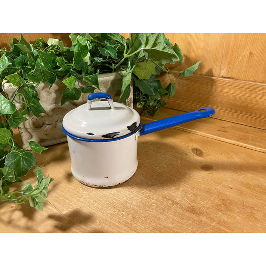 Vintage White and Blue Enamel Sauce Pan with Lid | White + Blue Enamel Pot | Farmhouse Kitchen | White + Blue Enamel Cookware | Enamelware