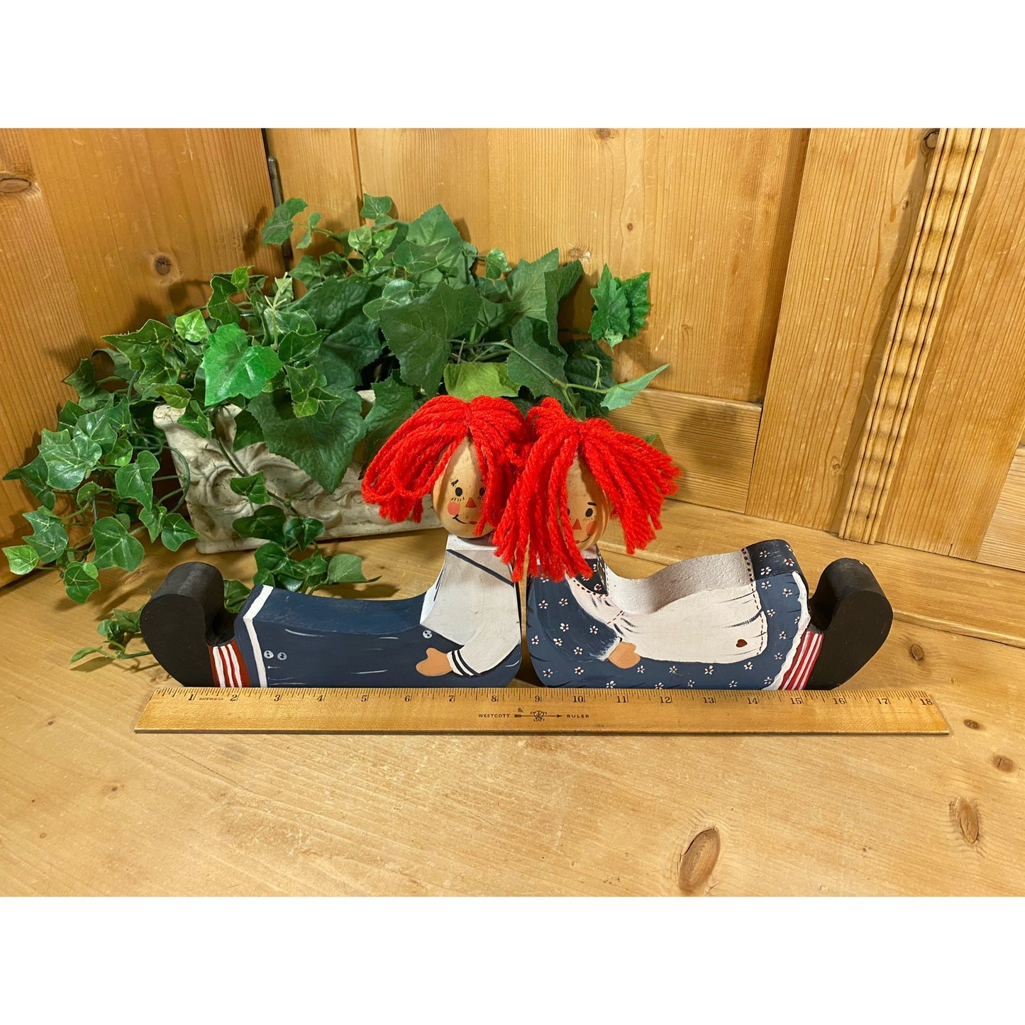 Vintage Raggedy Ann and Raggedy Andy Wooden Shelf Sitters with Yarn Hair - Set of 2 | Nursery Decor | Raggedy Ann & Andy Wood Doll Bookends