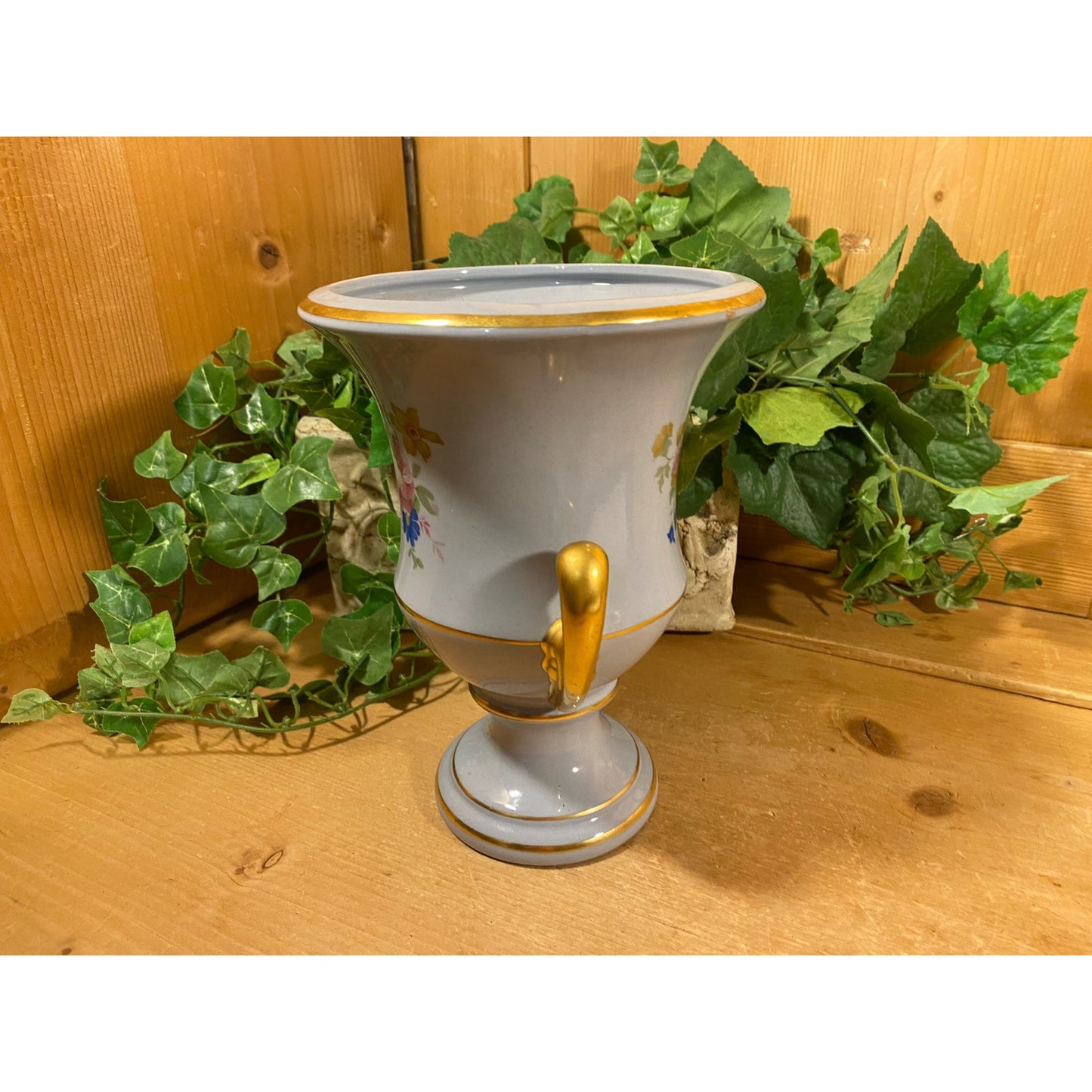 Vintage Light Blue + Pink Floral Urn Vase with Gold Trim | Princeton China Pottery | Victorian Flower Vase with Two Handles | Shabby Chic