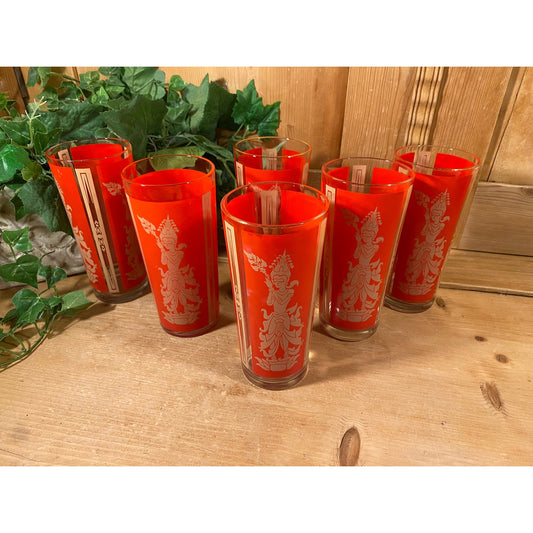 Vintage Red Thai Princess Glasses - Set of 6 | Culver | Midcentury Modern Drinking Glasses (B) | Thai Goddess | Academia | Goddess Glasses