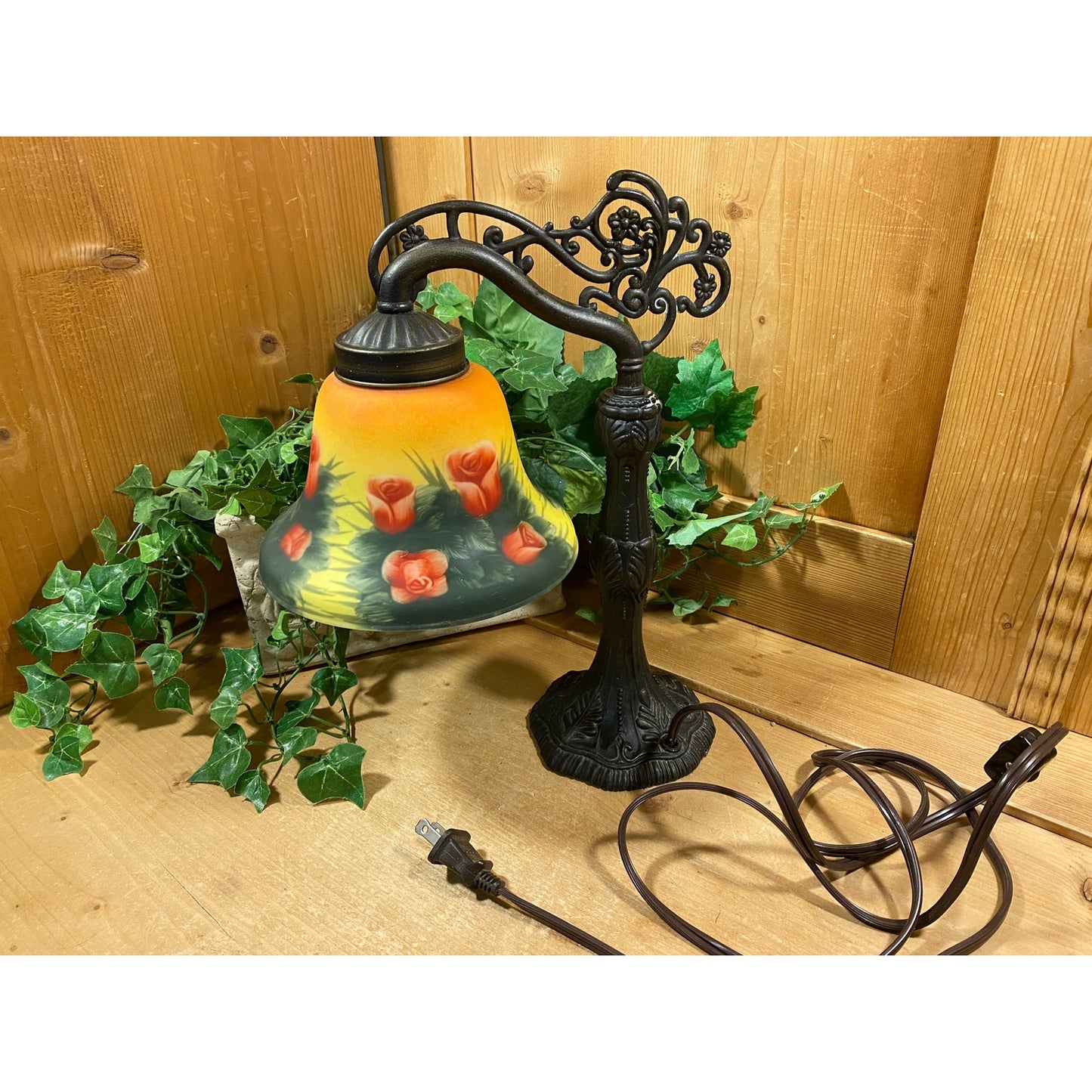 Vintage Handpainted Art Glass Table Lamp | Bridge Arm Victorian Accent Lamp | Art Glass Shade with Painted Roses | Ornate Metal Base