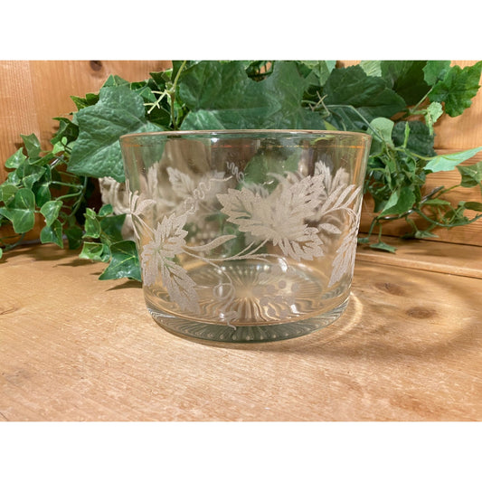 Vintage Clear Floral Glass Ice Bucket | Libbey | Etched, Frosted Glass Leaves and Gold Trim | Midcentury Modern Barware | Glass Wine Chiller
