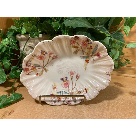Vintage Floral Pottery Trinket Dish | Franz Anton Mehlem Royal Bonn | German Hand-painted Scalloped Plate | Pink + White | Shabby Chic Decor